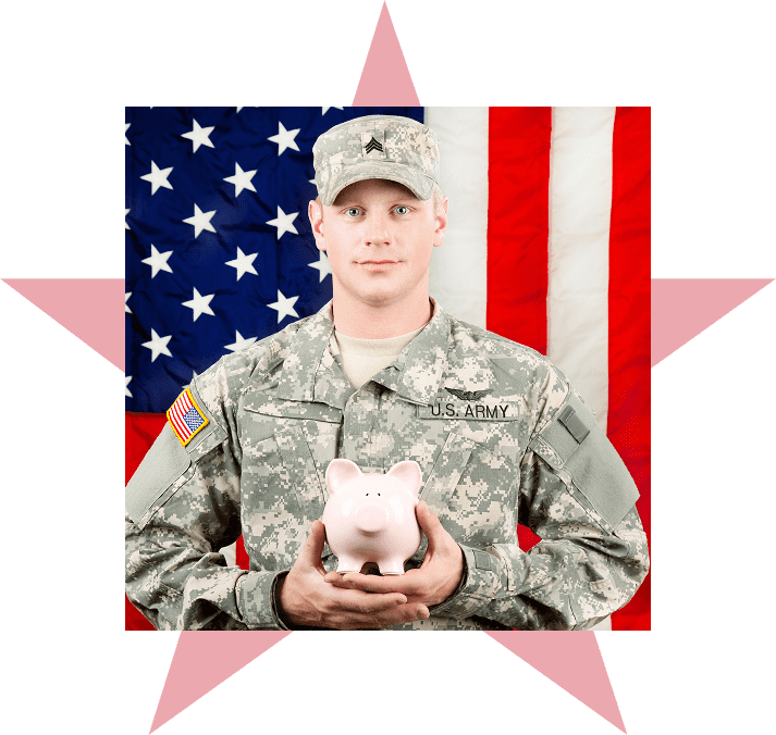 Army member holding savings, USA flag backdrop.